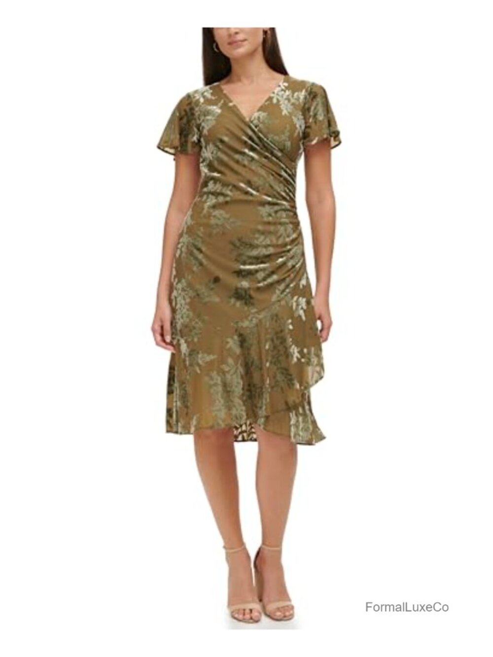 Flutter Sleeve V-Neck Velvet Burnout Faux Wrap Midi Dress